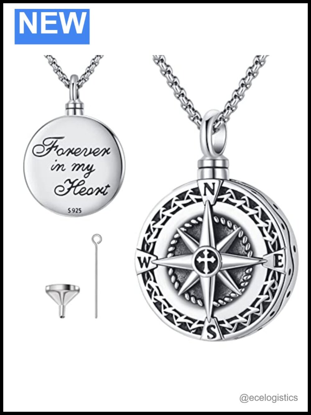 Sterling Silver Compass Urn Necklace Pendant Memorial Jewelry